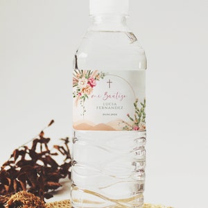 Baptism girl water bottle labels with green desert plants printable spanish, boho pink flowers water bottle stickers for baptism party -C343