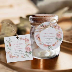 Bautizo gracias tags español template, blush pink floral spanish baptism favor tag, personalised round square thank stickers labels -C177