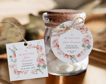 Bautizo gracias etiquetas plantilla español, etiqueta de favor de bautismo español floral rosa rubor, etiquetas de pegatinas de agradecimiento cuadradas redondas personalizadas -C177