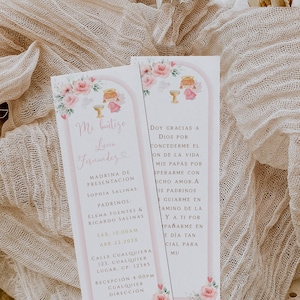 Pink floral and angel prayer card in spanish, tarjeta de oración bautismo hija floral rosa claro en español, mi bautizo prayer card - C152