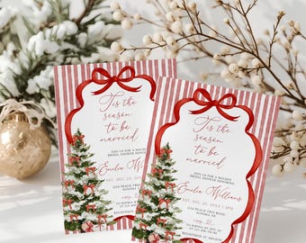 Tis the Season to be Married Christmas Bridal Shower Invite Card Template: Aquarelle Red Vintage Decor, Festive Xmas Tree with Red Bows-C541