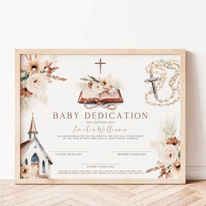 Terracotta tone Baby Dedication Certificate, boho flowers and church attributes baptism certificate template, baby dedication keepsake -C314