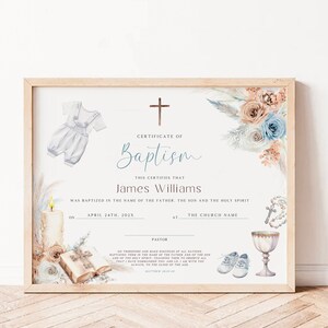 Boho floral & pampas grass Certificate of Baptism boy template, christening keepsake, Dedication Certificate with church attributes - C309