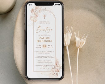 Editable electronic baptism text invitation boho flowers boy girl in spanish, bautizo digital invitación niño o niña en español -C020