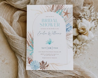 Blue ocean theme wedding shower invitation printable, beach bridal shower invite, turquoise coral & sea shells bridal shower invite - C267