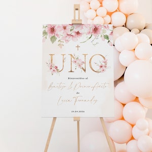 Pink wildflowers baptism & 1st birthday girl boho welcome sign spanish editable, floral cartel de bienvenida UNO bautizo en español - C281