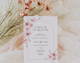 Love in bloom bridal shower invitation template, garden flowers bridal shower invite, boho pink flowers bridal shower party invite - C270