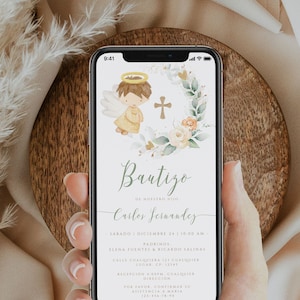 Convite digital editável de batismo em espanhol para menino e menina, convite de anjo bautizo, convite eucalipto bautizo espanhol para crianças -C153