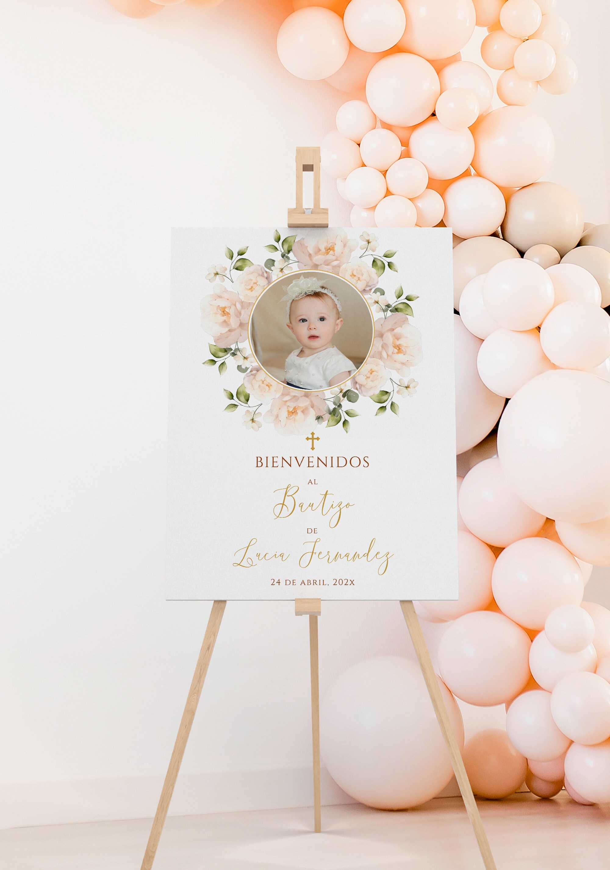 Cartel bienvenida bautizo con foto niña en español, green floral baptism welcome sign template with photo girl, boho welcome board - C144