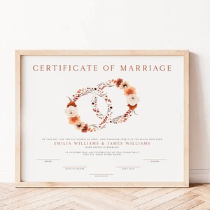 Minimalist boho decor Certificate of Marriage printable, orange terracotta fall flowers the form of wedding rings marriage certificate -C332