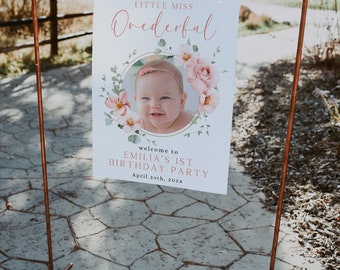 Little Miss ONEderful welcome sign printable, boho soft pink floral welcome sign, 1st birthday baby girl welcome poster with photo - C372