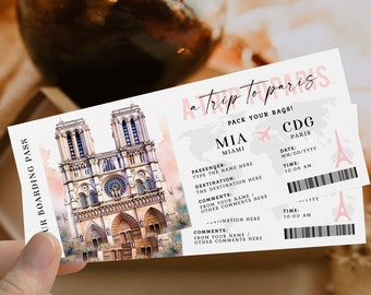 France Modern Trip Ticket for Her, Paris Surprise Boarding Pass Template: Notre Dame Cathedral