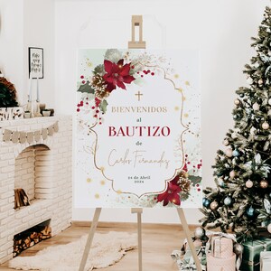 Red xmas flowers baptism boy girl vintage welcome poster in spanish printable, arreglo navideño cartel de bienvenida bautizo en español - C8