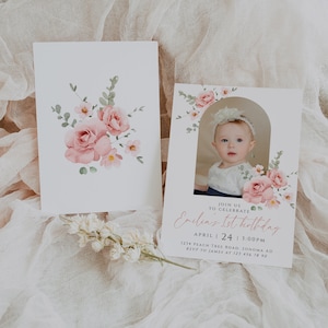 Editable boho blush pink floral first birthday for girl invitation, 1st birthday girls invitation with photo, birthday party invite - C371