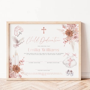 Child Dedication certificate bohemian decor printable, baby dedication keepsake with flowers and church attributes for baptism girl - C313