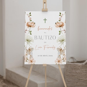 Dasty beige wild flowers & angels baptism girl welcome poster rustic printable, cartel de bienvenida bautizo con flores en español - C439