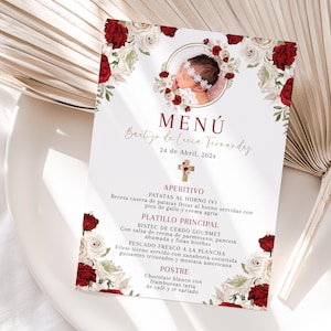 Ruby white roses girl baptism party menu spanish printable with photo, boho christening girl menu card, menú fiesta bautizo en español -C493