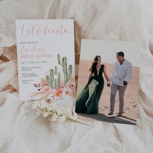 Let's Fiesta bridal shower invitation template, desert bridal shower invite, mexican wedding, boho floral & cacti bridal shower invite -C373
