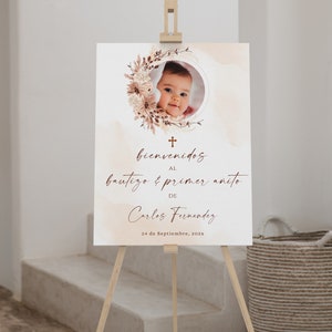 Beige floral boho welcome sign baptism  & 1st birthday with photo in spanish printable, bohemian cartel de bienvenida para el bautismo -C025