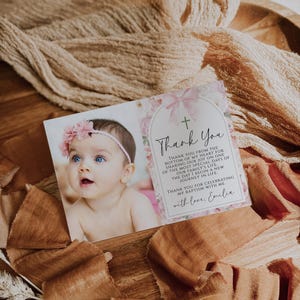 Christening party thank you card, boho soft pink peonies & bow thank you card flat printable, baptism thank you note with photo girl - C441g