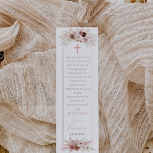 Elegant boho pink floral girl baptism bookmark template in spanish, bohemian pampass grass marcapáginas bautizo para niña en español -C032