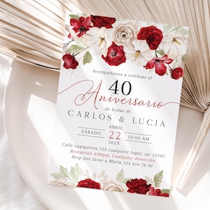 Modern 40th wedding anniversary invite spanish template with ruby white wildflowers, invitación rubíes 40 aniversario de bodas español -C483