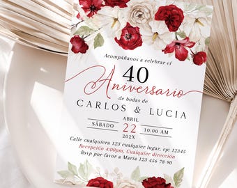 Modern 40th wedding anniversary invite spanish template with ruby white wildflowers, invitación rubíes 40 aniversario de bodas español -C483