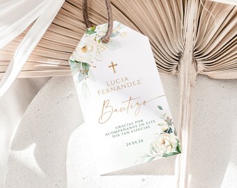 Boho gold green christening gift tag with white flowers spanish template, flores etiquetas bautizo niño niña gracias tags en español - C10