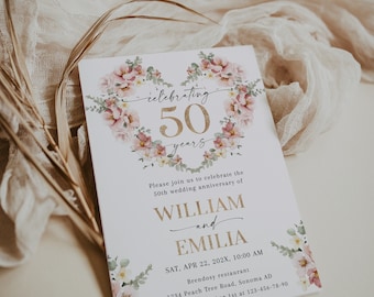Boho 50th wedding anniversary invitation, personalised gold anniversary template, heart blush pink flowers wedding anniversary invite - C182