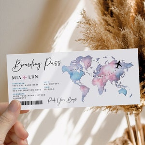 Boarding pass template with world map, surprise travel ticket for any holiday, vacation trip ticket, valentine&#39;s day gift airline ticket