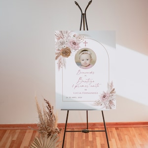 Editable photo welcome sign baptism 1st birthday in spanish, bienvenida bautizo y primer ano flores azules niña poster español -C065