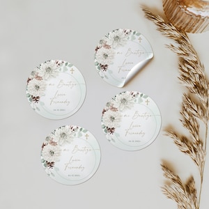 White flowers greenery baptism boy girl gift stickers printable, bautizo pegatina con flores en español, boho favor labels for baptism - C6