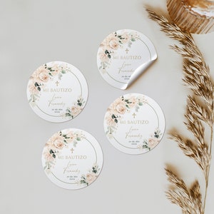 Mi bautizo flores decoración dorada etiquetas editables en español, boho christening baptism personalized round sticker in spanish - C004