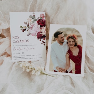 Nos Casamos invitación de boda con flores en español, burgundy flowers wedding invitation template spanish, boho floral wedding invite -C379