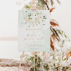 Baptism and 1st birthday boy/girl green gold bohemian welcome sign spanish printable, floral bienvenida bautizo y primer añito español - C11