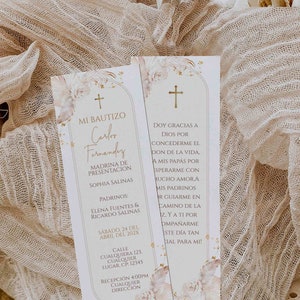 Bohemian beige-gold decor prayer card in spanish template, tarjeta de oración bautizo para niño niña en español, religious prayer card -C22