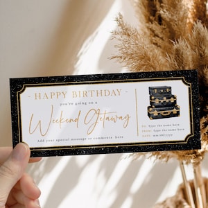 Birthday tourist trip away voucher, weekend getaway gift ticket template, birthday boarding pass, classic black gold surprise certificate