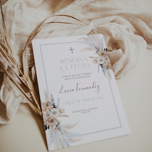 Invitacion editable reserva la fecha para bohemian en bautizo y primer añito niño o niña en español, save the date boho baptism invite -C031