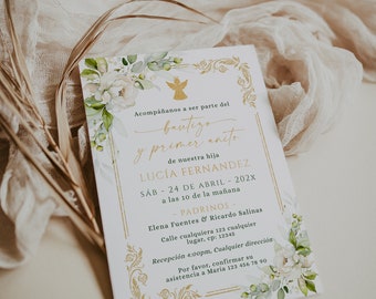 May include: A white and gold invitation card with a floral design and an angel illustration. The text reads "Acompáñanos a ser parte del bautizo y primer anito de nuestra hija LUCÍA FERNANDEZ SÁB - 24 DE ABRIL - 202X a las 10 de la mañana PADRINOS - Elena Fuentes & Ricardo Salinas Calle cualquiera 123 cualquier lugar, cp: 12345 Recepción 4:00pm, Cualquier dirección Por favor, confirmar su asistencia a Maria 123 456 78 90"