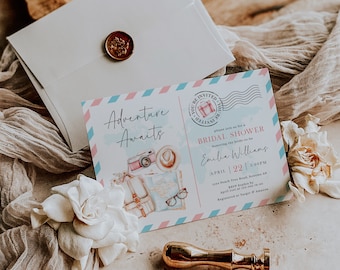 Adventure Awaits bridal shower invitation printable, wedding shower party invite in form postcard, vintage travel theme bridal invite - C266