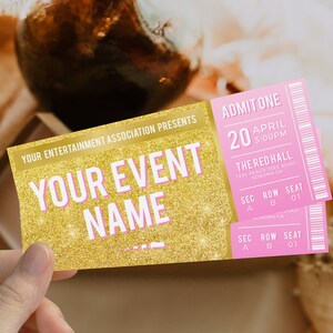 Editable modern pink gold surprise ticket, gift events certificate, concert tickets, theatre or musical show ticket, present coupon for her