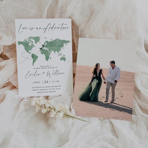 Love is an adventure couples shower invitation, travel bridal shower invitation template, sage green world map wedding shower invite - C263