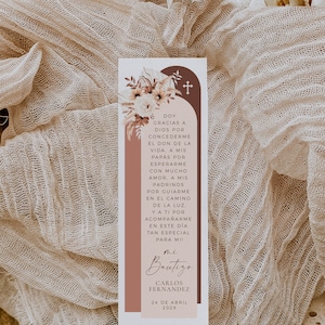 Marcador bautizos español editable, boho floral bookmark christening card en español decoration, bookmark keepsake baptism in spanish - C002