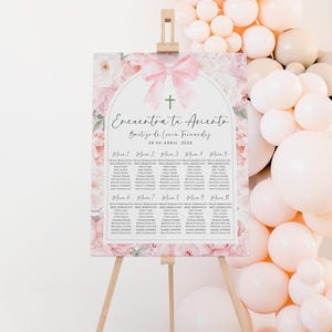 Watercolor blush pink peony and bow baptism party seating chart spanish template, plano de asientos bohemio bautizo niña en español - C441g