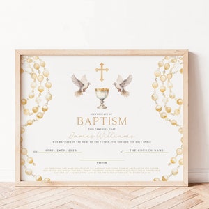 Gift Certificate of Baptism for boy girl with pigeons template, church christening bohemian certificate with neutral ivory colors - C308