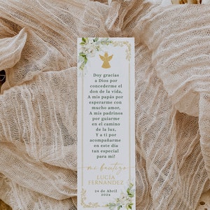 Mi bautizo tarjeta de oración editable in spanish, personalizado punto de libro bautizo, greenery baptism bookmark in spanish printable-C001