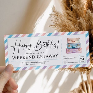 Weekend getaway birthday trip away voucher, editable weekend getaway gift ticket template, surprise gift certificate, pack you bags for trip