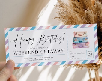 Weekend getaway birthday trip away voucher, editable weekend getaway gift ticket template, surprise gift certificate, pack you bags for trip
