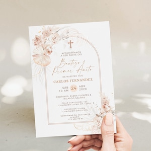 Boho floral baptism & 1st birthday invitation template in spanish, christening invitación y primer añito para niño, para niña español - C020