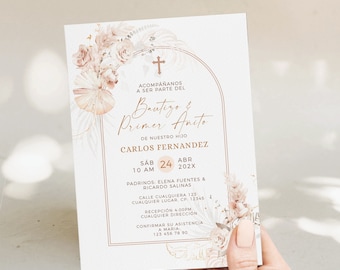 Boho floral baptism & 1st birthday invitation template in spanish, christening invitación y primer añito para niño, para niña español - C020